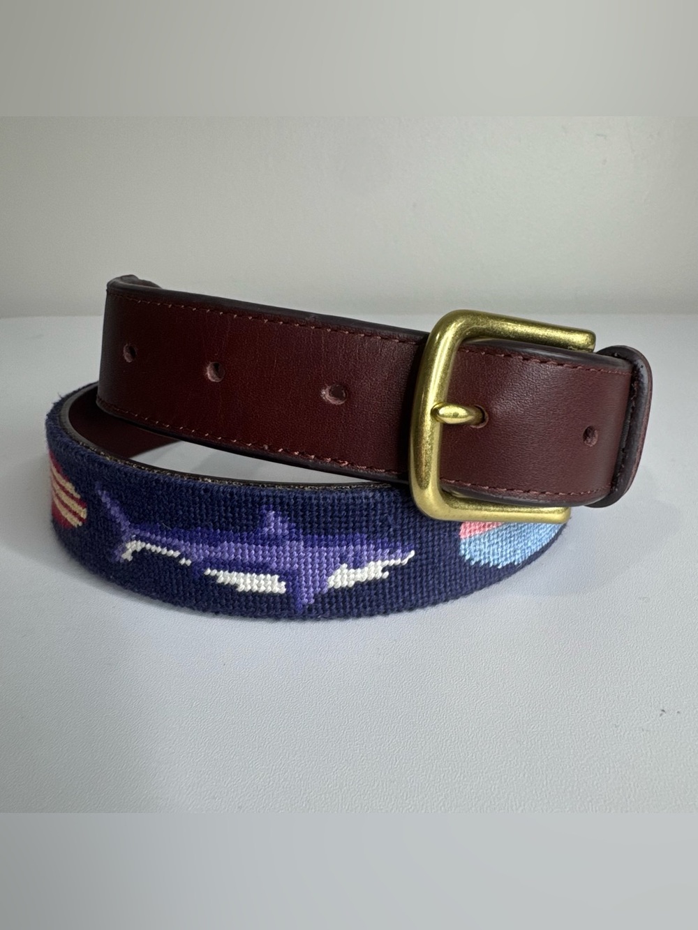 Tucker Blair Needlepoint Surf Board Shark Leather Belt Blue & Brown Waist 34